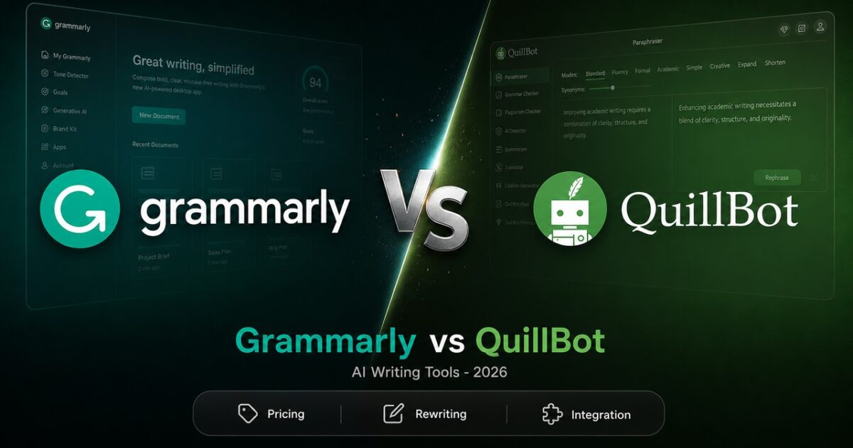 Grammarly vs QuillBot logo faceoff showing AI writing assistant features and pricing comparison.