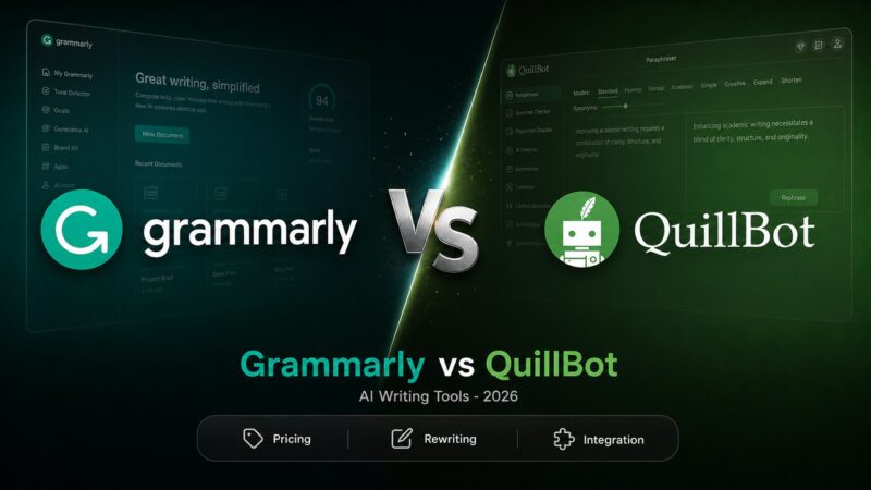 Grammarly vs QuillBot logo faceoff showing AI writing assistant features and pricing comparison.
