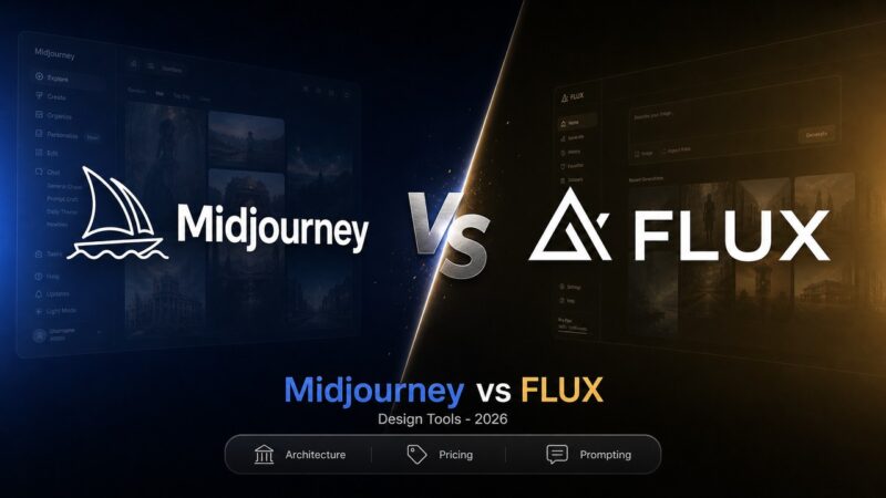 Midjourney vs FLUX comparison artwork showing AI image generation logos and feature highlights