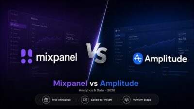 Mixpanel vs Amplitude comparison artwork displaying both product analytics platforms facing off with key metric indicators