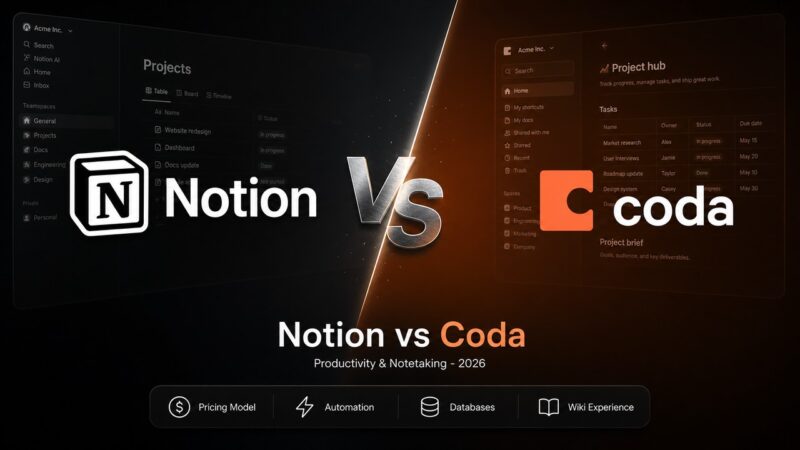 Stylized comparison artwork displaying Notion and Coda logos for Notion vs Coda comparison article.