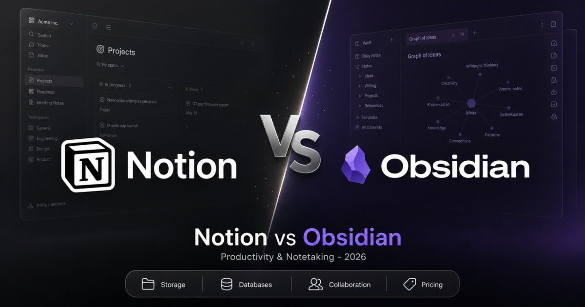 Notion vs Obsidian comparison cover showing Notion and Obsidian logos facing off in a dark-themed productivity showdown.