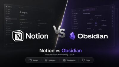 Notion vs Obsidian comparison cover showing Notion and Obsidian logos facing off in a dark-themed productivity showdown.