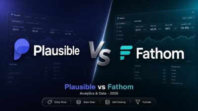Plausible vs Fathom comparison card showing logos and core privacy analytics features