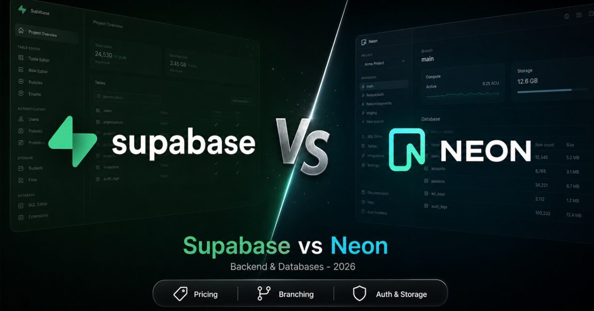 Stylized head-to-head comparison artwork featuring Supabase vs Neon logos facing off