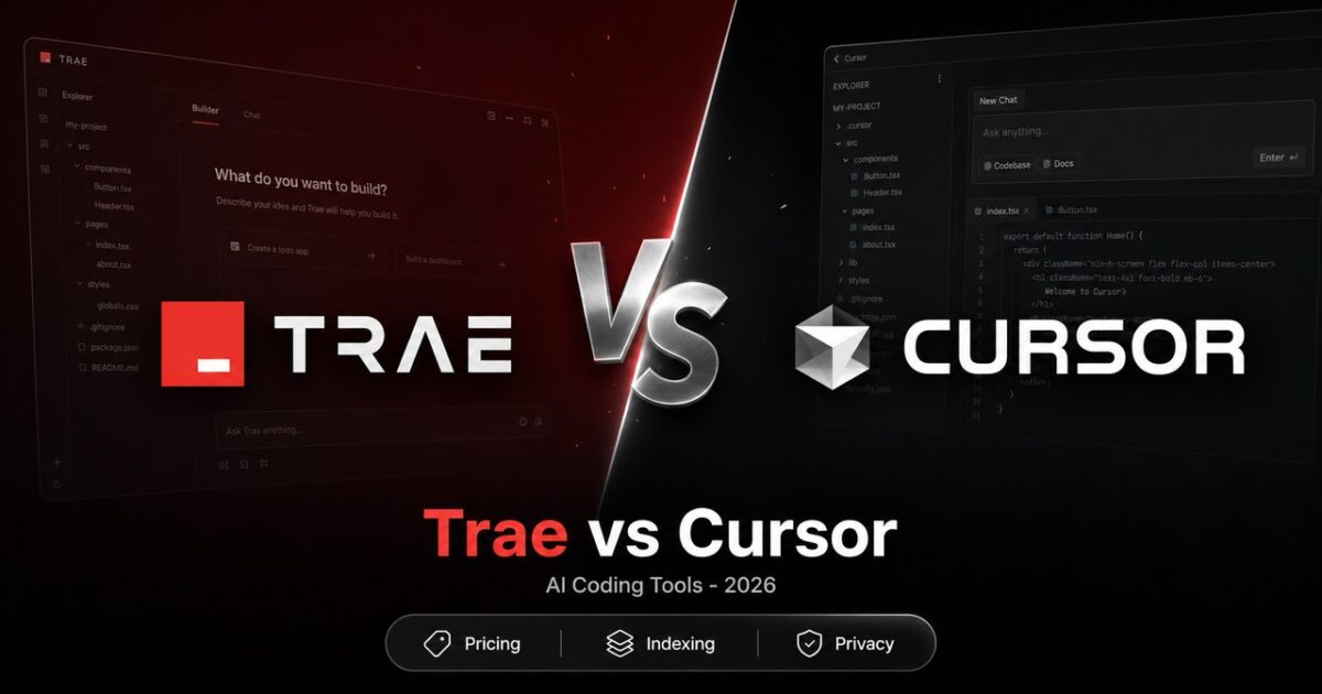 Stylized comparison graphic for Trae vs Cursor showing ByteDance's Trae logo facing off against Cursor.
